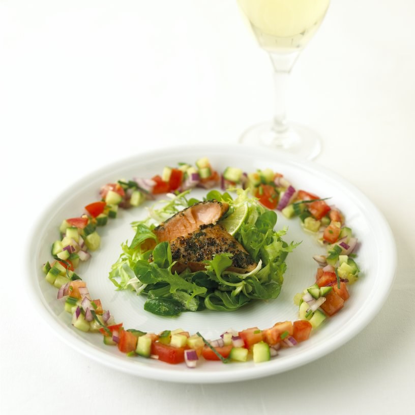 Chalice Lambs Hot Lime Coriander Marinated Salmon on Loire Valley Lambs Lettuce Chilli Oil Caponate JPEG